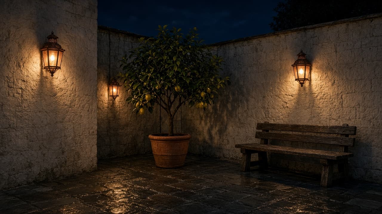 Night courtyard with a lemon tree in terracotta, copper lanterns on limestone walls.