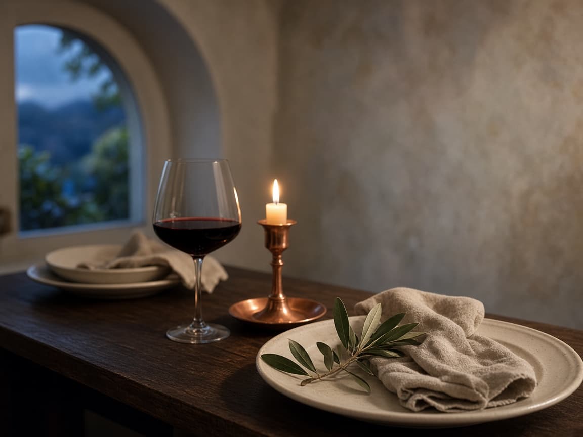 Dining table with red wine, a copper candlestick, and a linen napkin on a bone plate beside an arched dusk window.
