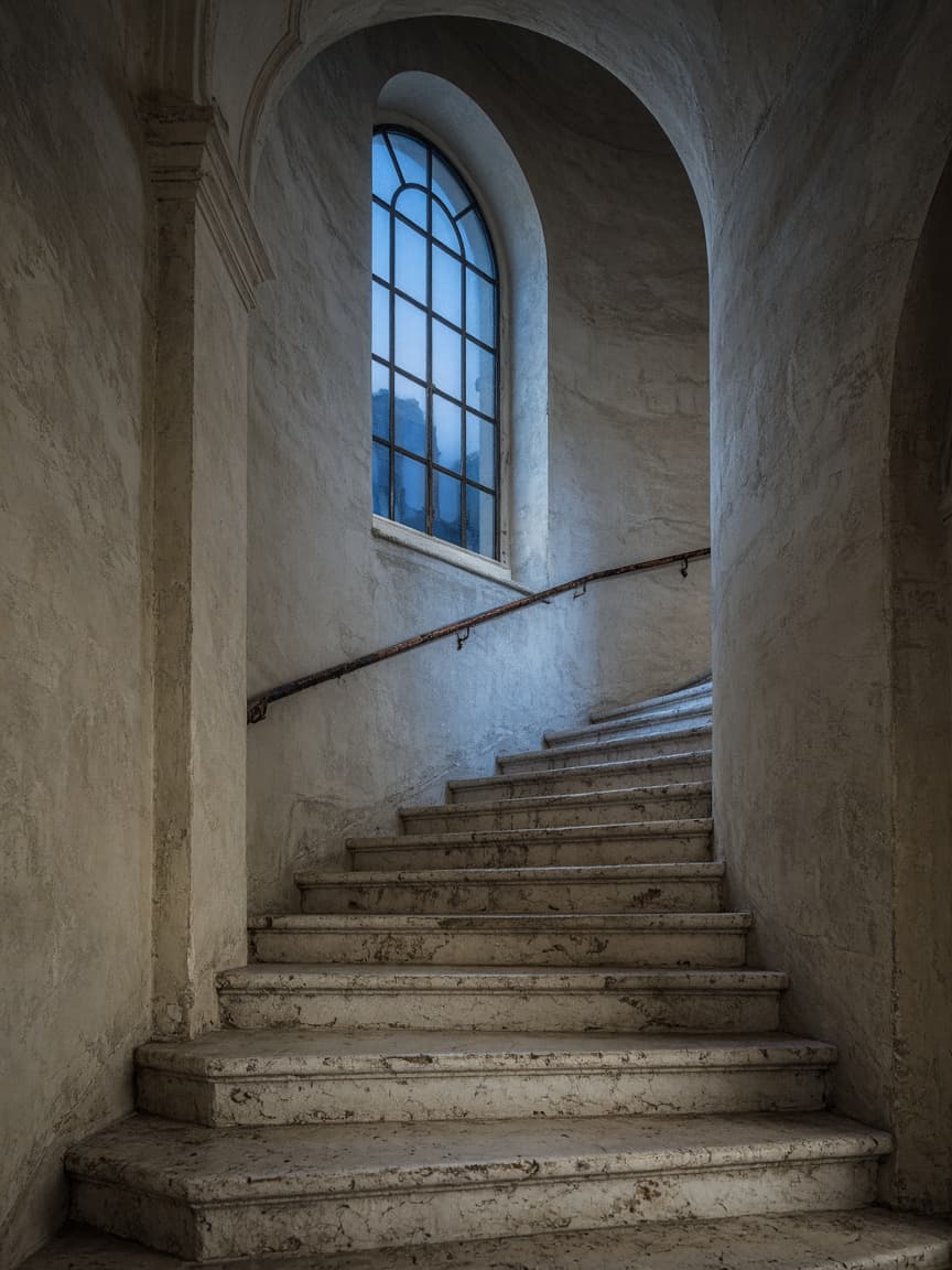 Worn limestone staircase rising toward an arched landing window.