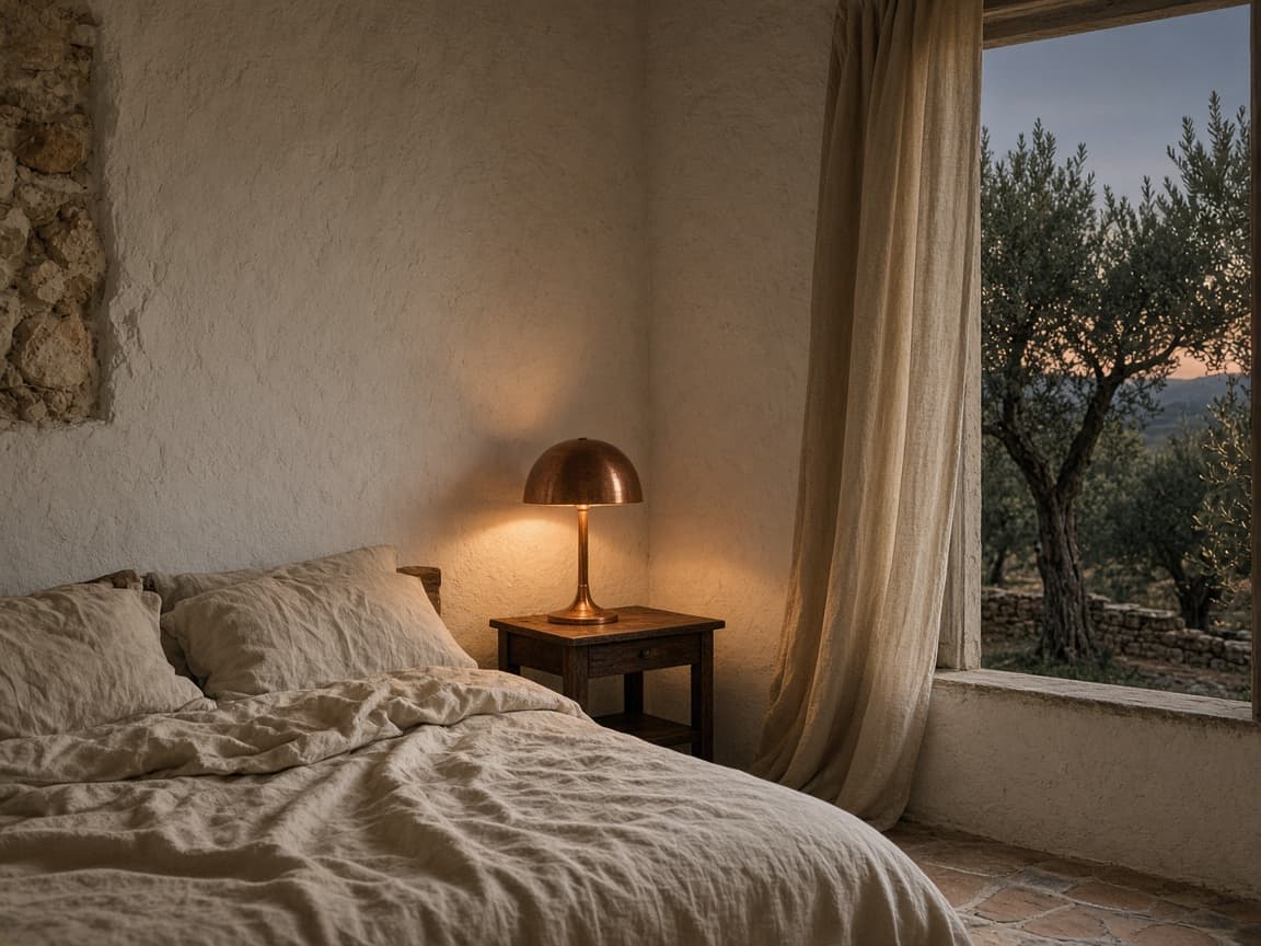 Limewashed bedroom with rumpled linen, a copper lamp, and a window onto an olive grove at dusk.