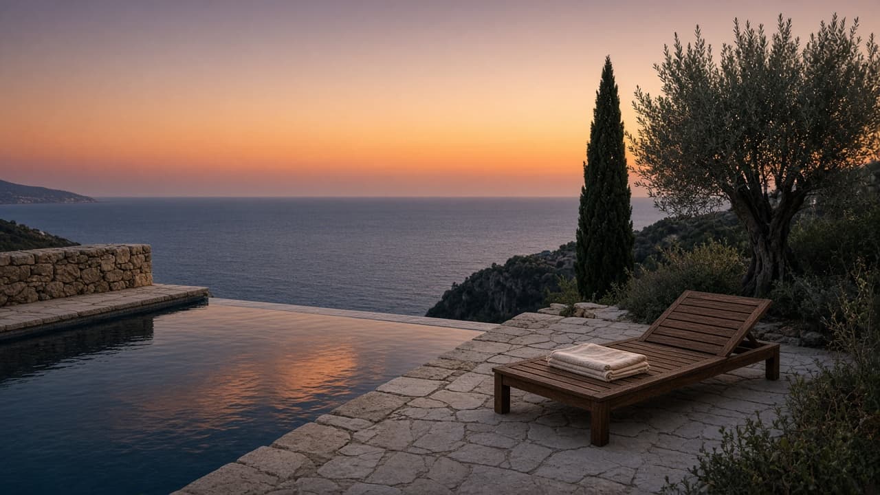 Infinity pool on a limestone terrace at dusk, teak chairs, olive trees, and the Mediterranean beyond.