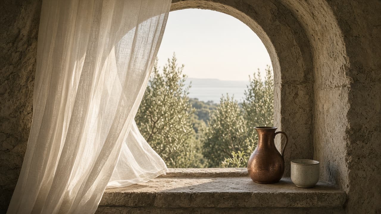 Arched stone window at dawn, sheer curtain, copper carafe on the sill, olive grove outside.