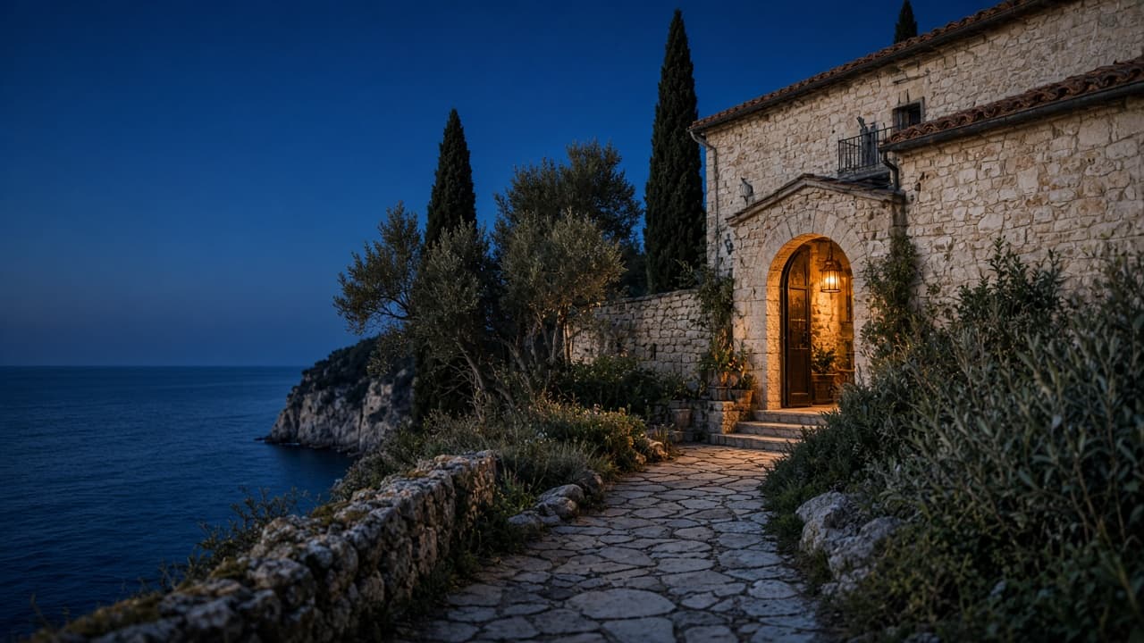 Dusk path toward a cliffside Ligurian villa, lantern light in the doorway.